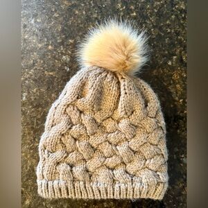 Eyeful Beige Cable Knit Fur Pom Beanie Winter Hat